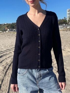 Brandy Melville Navy Cable-Knit V-Neck Cardigan Sweater